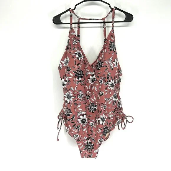 Kona Sol Swimsuit One Piece Pink Floral Print V Neck Side Cinch - Picture 2 of 12